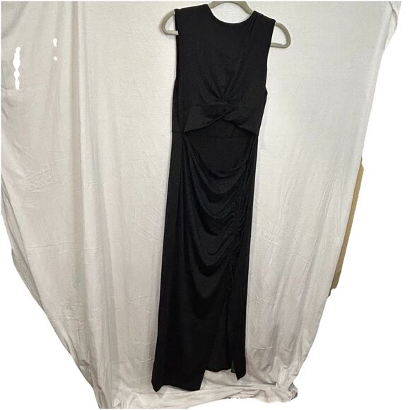 Halara Black Dress Womens XL Round Neck Twisted Cut Out Ruched Side Slit - Picture 1 of 8